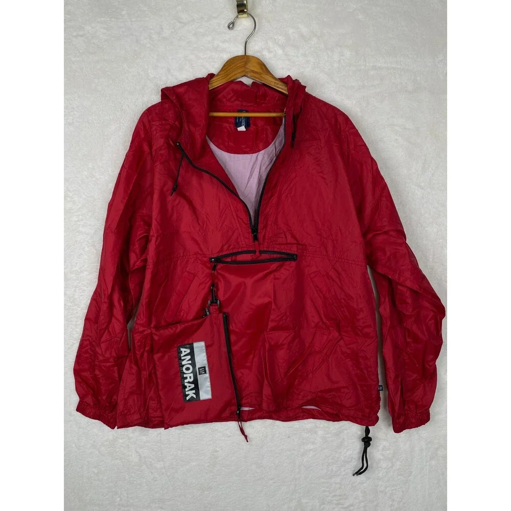 Vintage GAP Anorak Jacket Mens Large Red Nylon Pullover Pockets Rain Hoodie Y2K